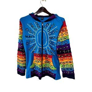 Rainbow Embroidered Zip Hoodie Women Size L Boho Streetwear Festival Cotton
